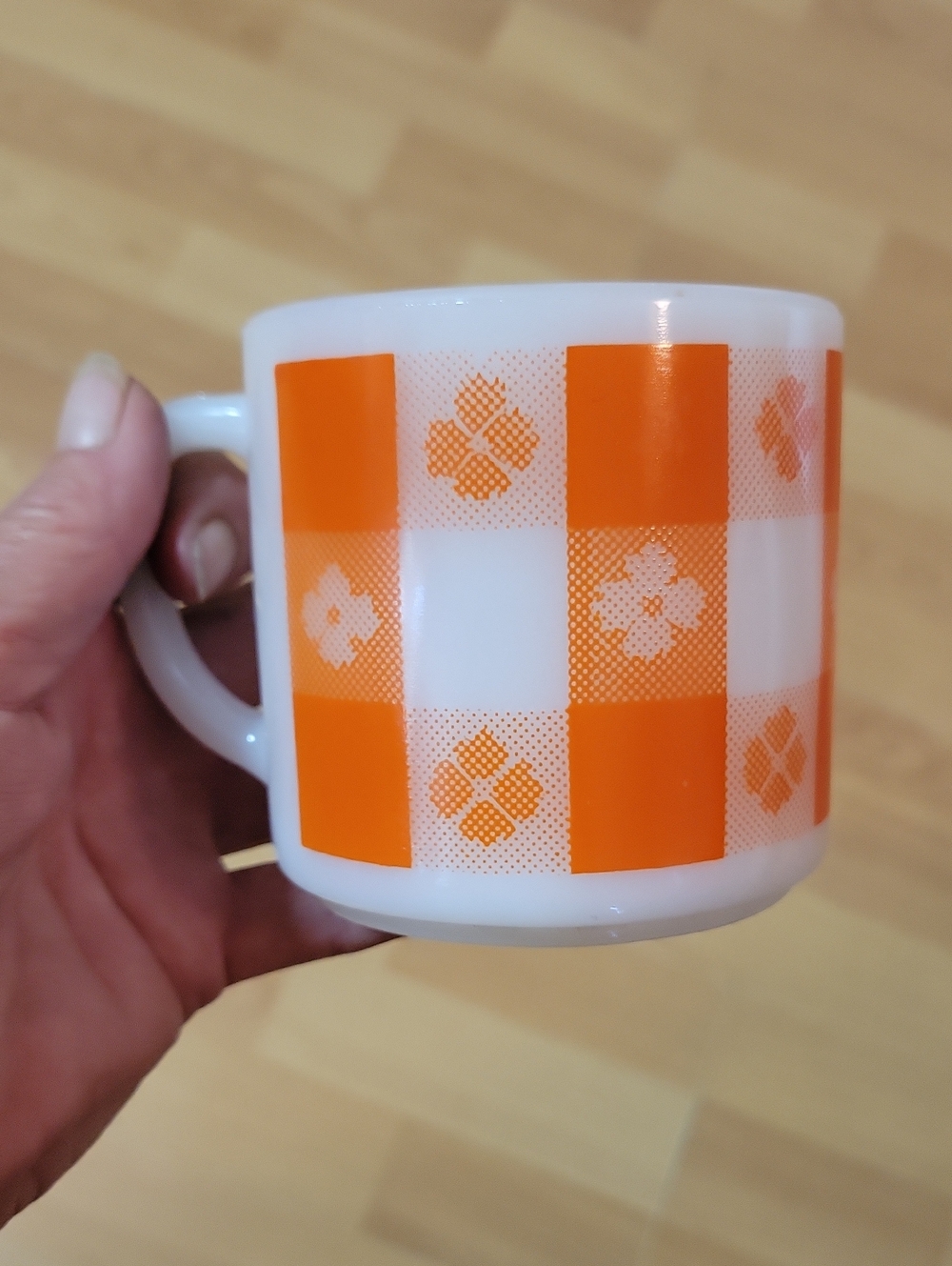 1950-60s Federal Glass Milk Glass Clover and Gingham Coffee Mug